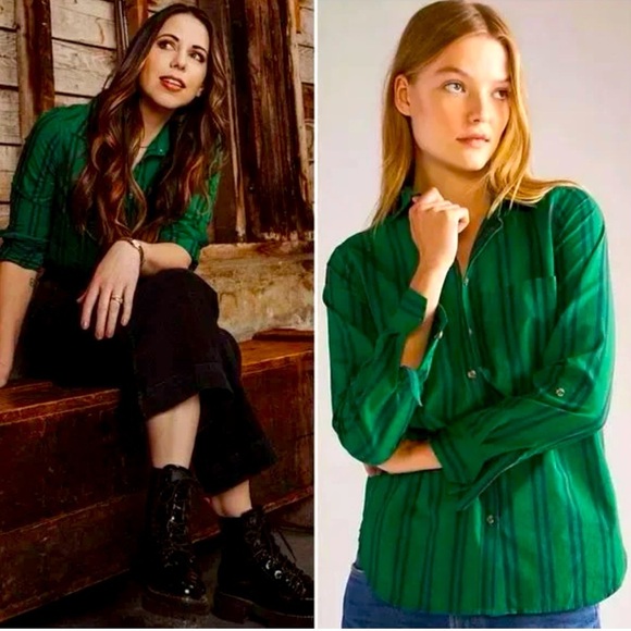 Maeve Anthropologie Striped Button Down Shirt Womens 6 Green Blue Cottagecore - Picture 7 of 10